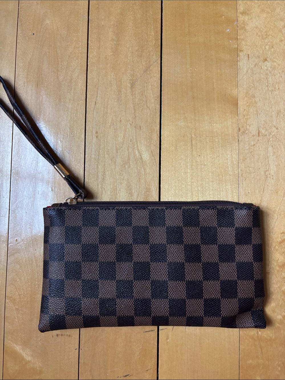 Source Unknown Brown and Dark Brown Check Wristlet Clutch